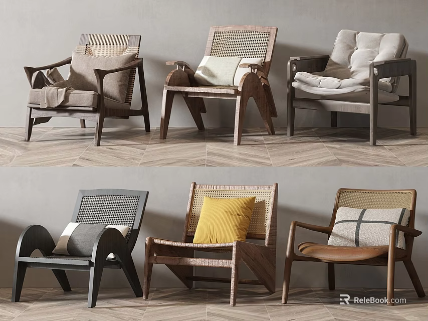 Modern Leisure Chairs Featuring Wicker Details Wooden Frames And Colorful Cushions 3d model